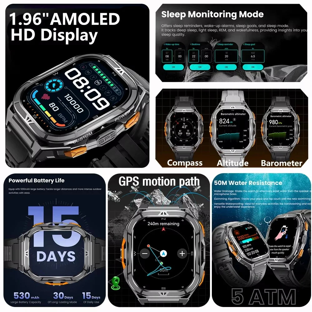 2026 New GPS Smart Watch Men 1.96-inch HD AMOLED Screen Compass Bluetooth Call 5ATM Waterproof Sport Smart Watch for Android iOS