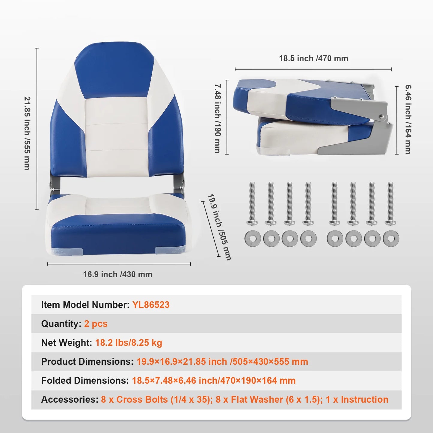 SucceBuy  Boat Seats 21.85" High Back Boat Seat Folding Boat Chair Fold-Down Boat Captain Chairs for Fishing Boat, Canoe, 2-Pack