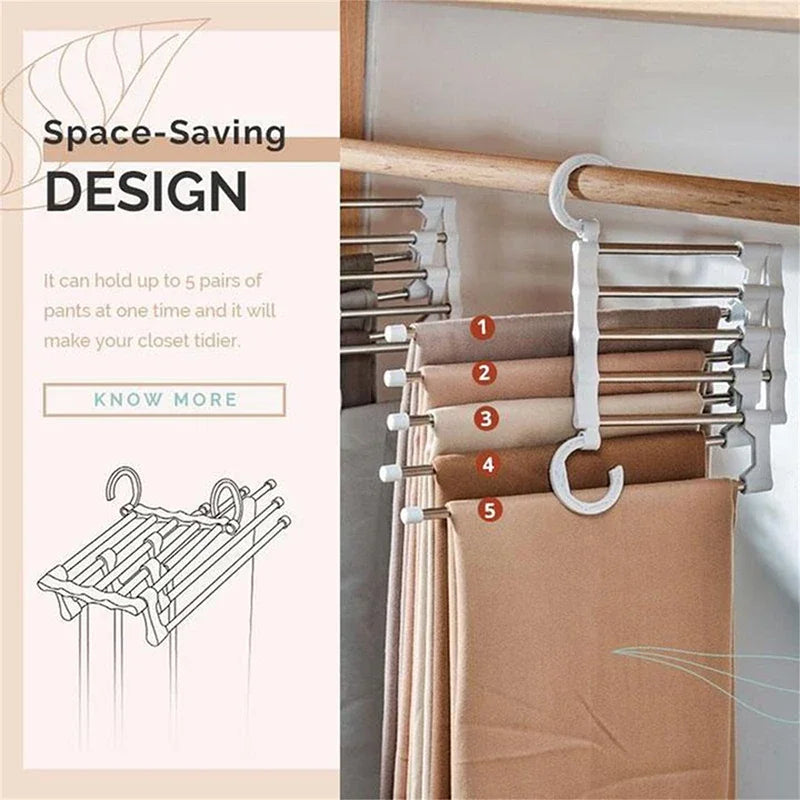 5 in1 Save Space Pants Hanger Collapsible Towel Tie Hook Multi-functional Clothes Trouser Rack Wardrobe Closet Organizer Storage