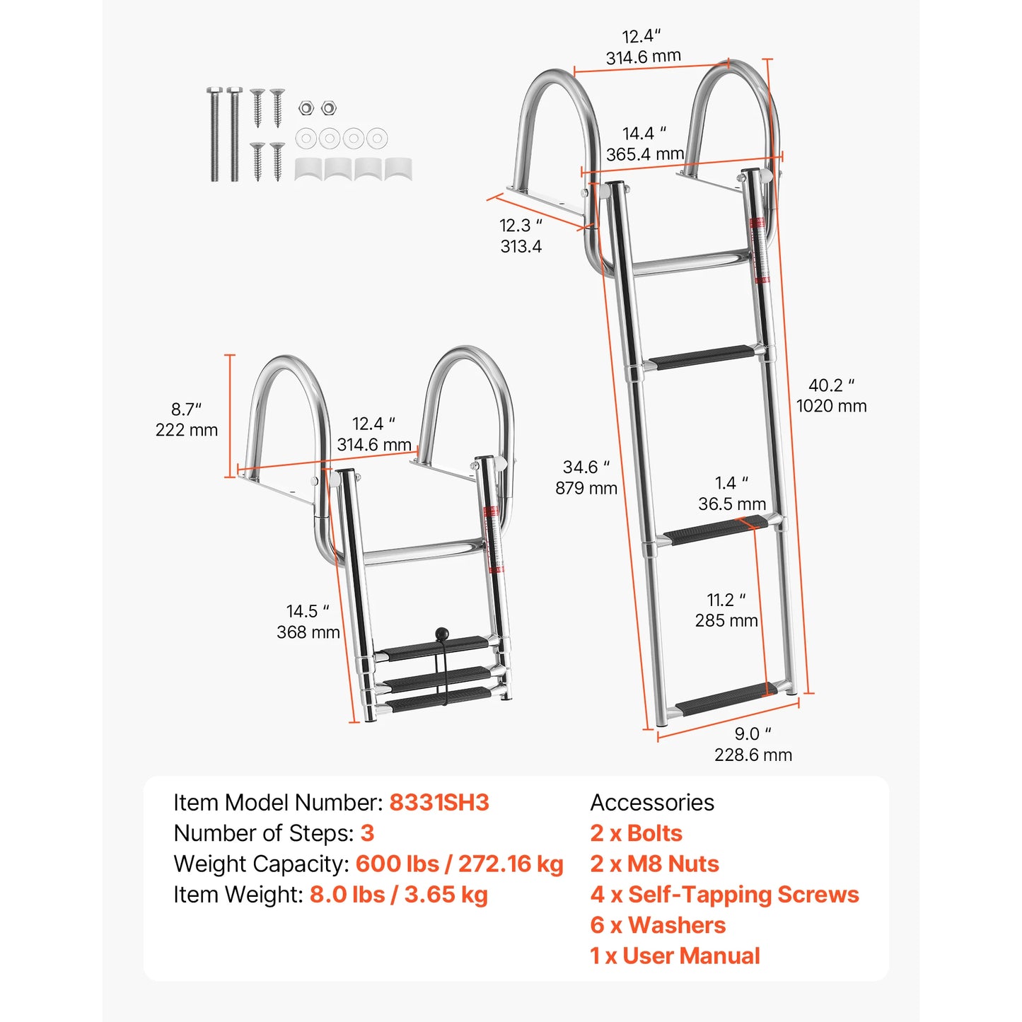 SucceBuy 3/4 Steps 600lbs Telescoping Boat Ladder Stainless Steel Folding Swim Deck Ladder with Handrails for Yacht Pontoon Boat