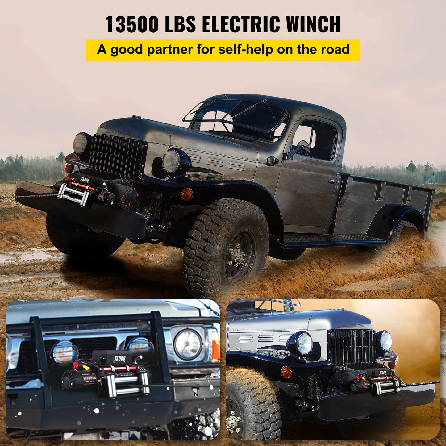 VEVOR 13500LBS 12V Electric Winch for 4X4 92FT Steel Cable Car Trailer Ropes Towing Strap W/ Wireless Control ATV Truck Off Road