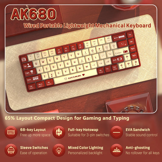 AJAZZ AK680 65% Wired Hotswap Mechanical Keyboard,68-Key Portable Anti-Ghosting Gaming Keyboard,Mixed Rainbow Backlit Programmab