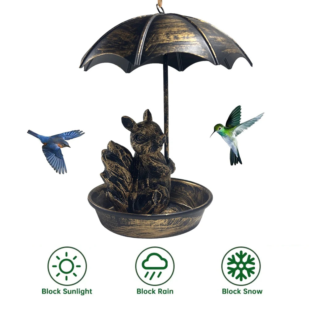 Squirrel Hanging Bird Feeder Set with Umbrella Metal Feeder Garden Yard Decor