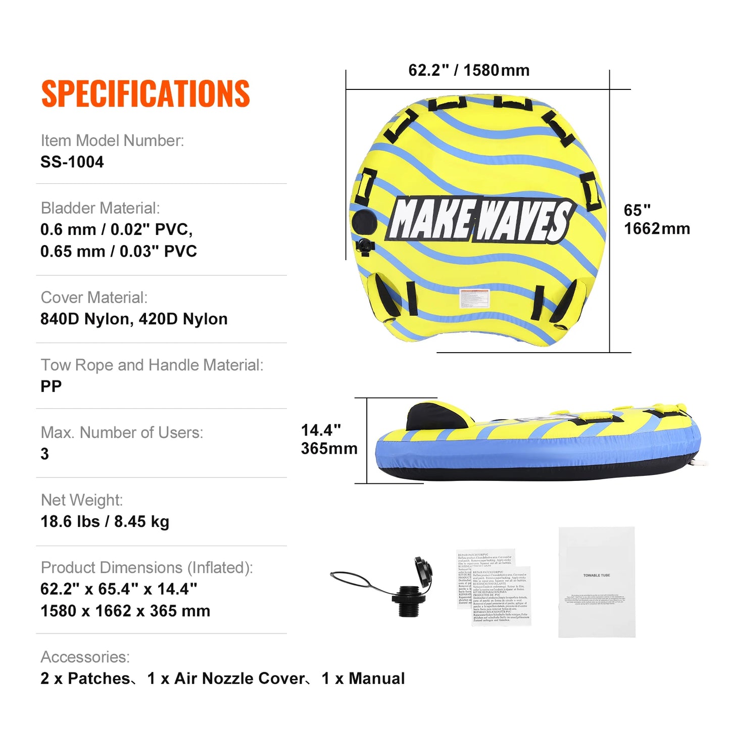 SucceBuy Towable Tube for Boating, 1-3 People Inflatable Towable Tube with Bumper Fins, 510 lbs Water Sport Towable Tubess