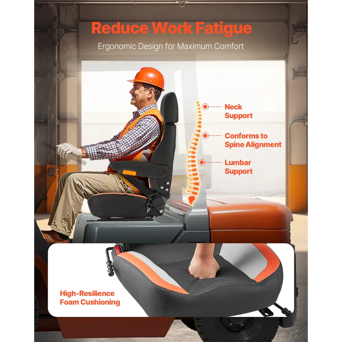 SucceBuy Universal Forklift Seat Tractor Seat with Adjustable Back Armrest Headrest &Safety Belt Secure Tractor Seat with Switch