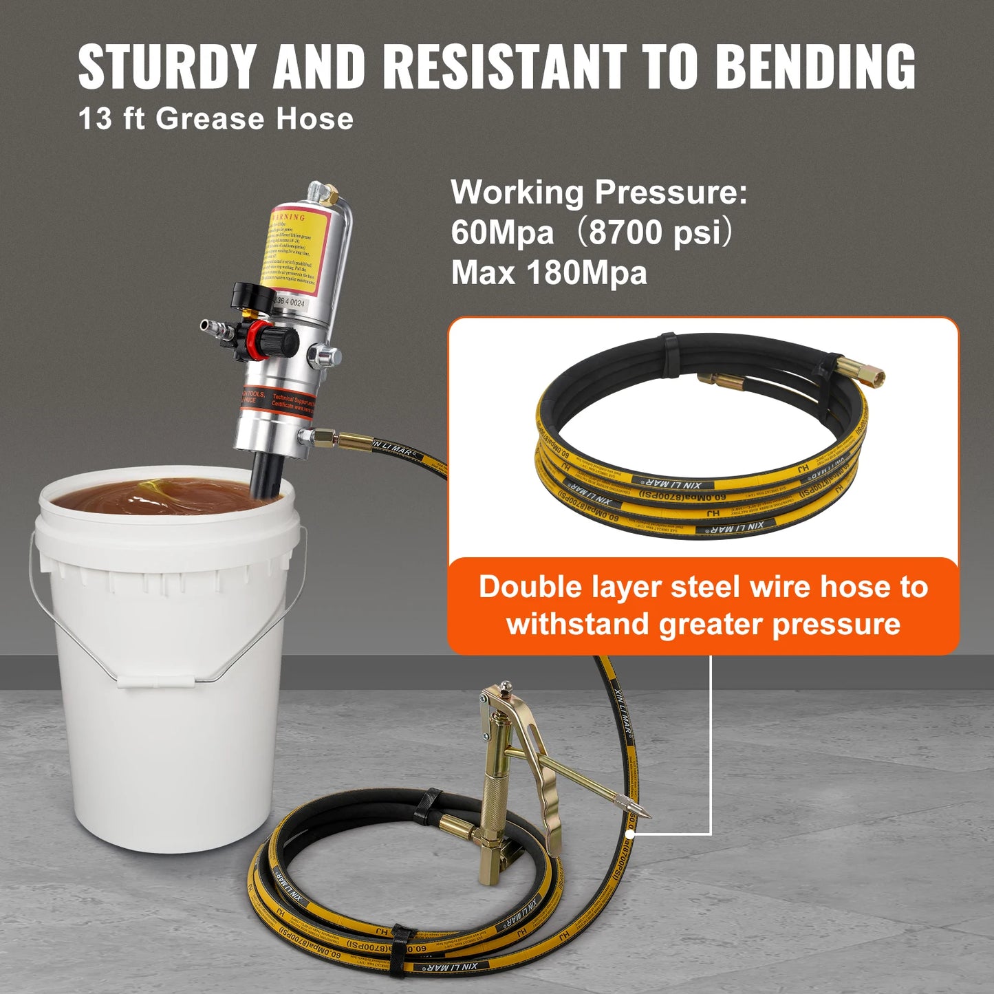 SucceBuy Pneumatic Grease Pump Air Operated with 13ft High Hose 360° Swivel Grease Gun Head Lubrication 50:1 Pressure Ratio