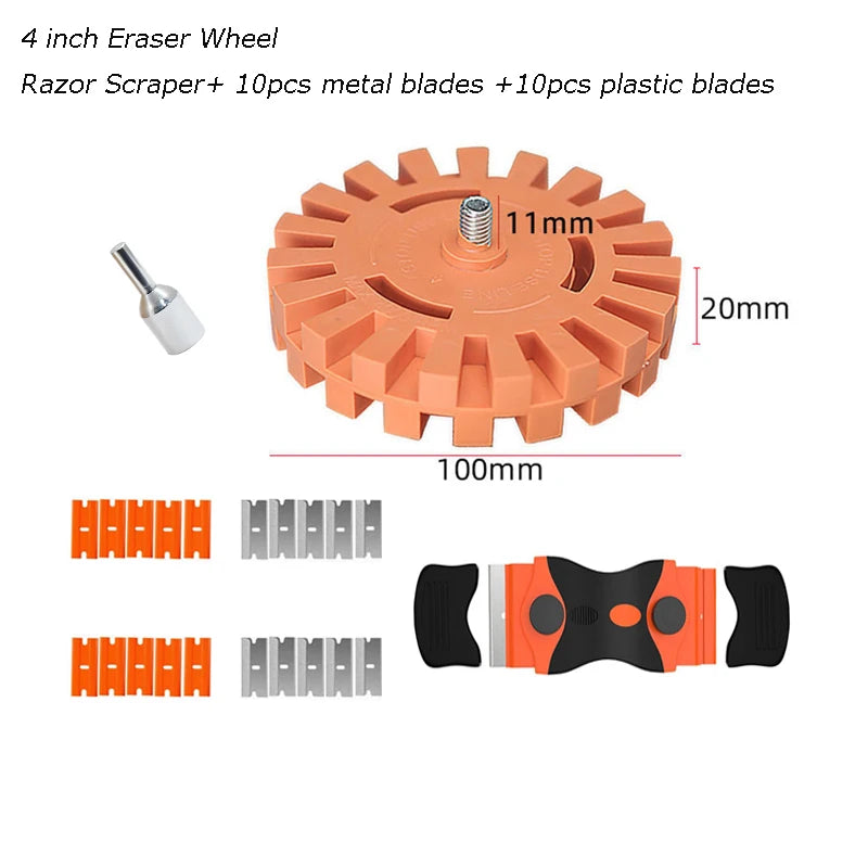 Auto Decal Adhesive Remover 4/3.5 Inch Rubber Eraser Wheel for Drill Car Sticker Remover with Scraper Graphics Glue Vinyl Eraser
