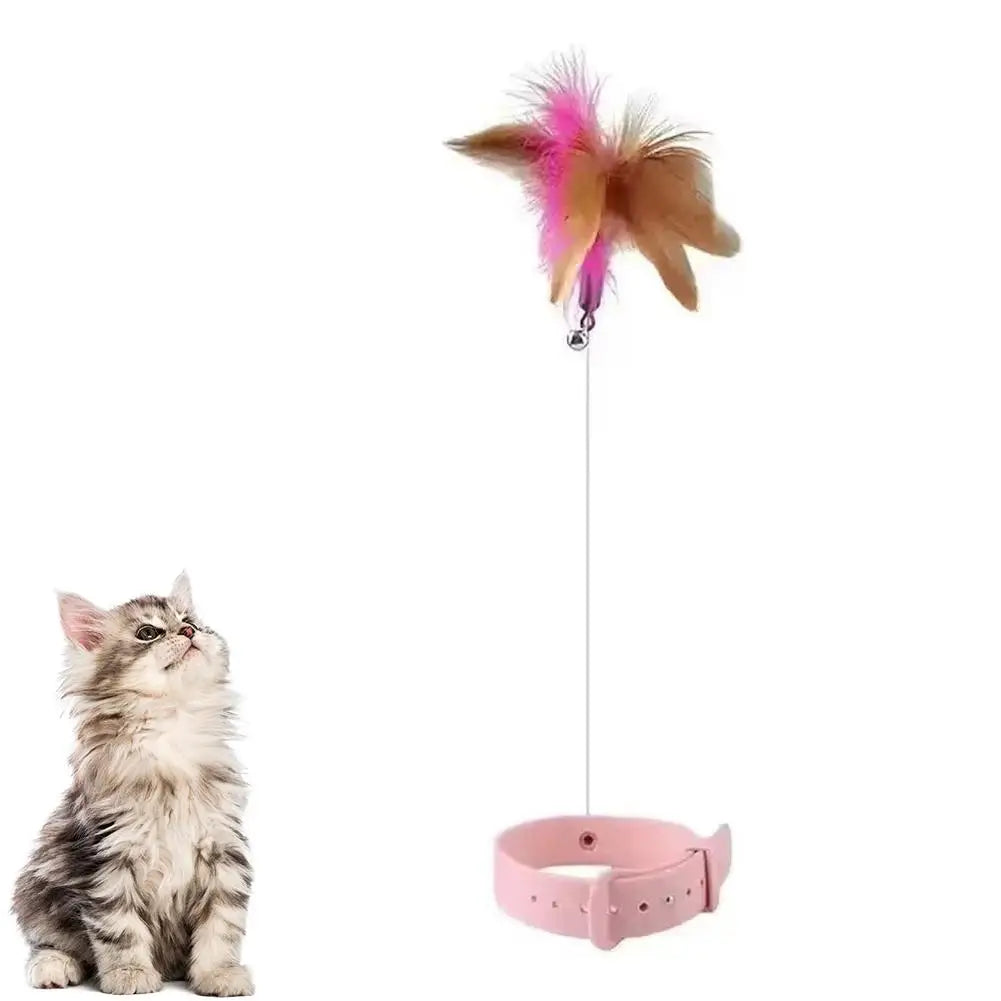 Interactive Cat Collar Toy Teasing Wand with Colorful Feathers and Bell Adjustable Design Self Playing Toy Pet Cat Teaser Wand