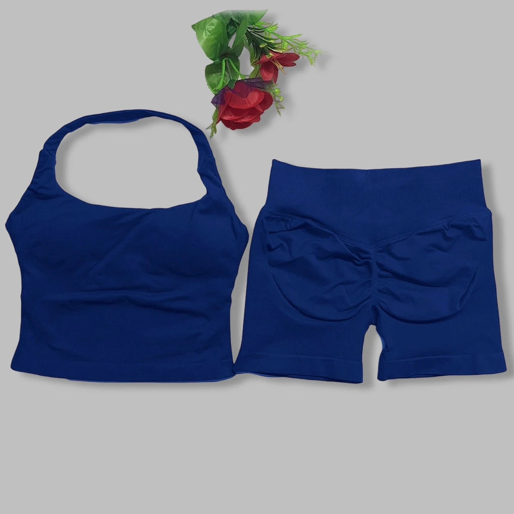yoga outfits Women 2 pcs Sports DF Impact Set halterneck Backless Halter Top Seamless Scrunch Shorts Gym Workout Sports Suits