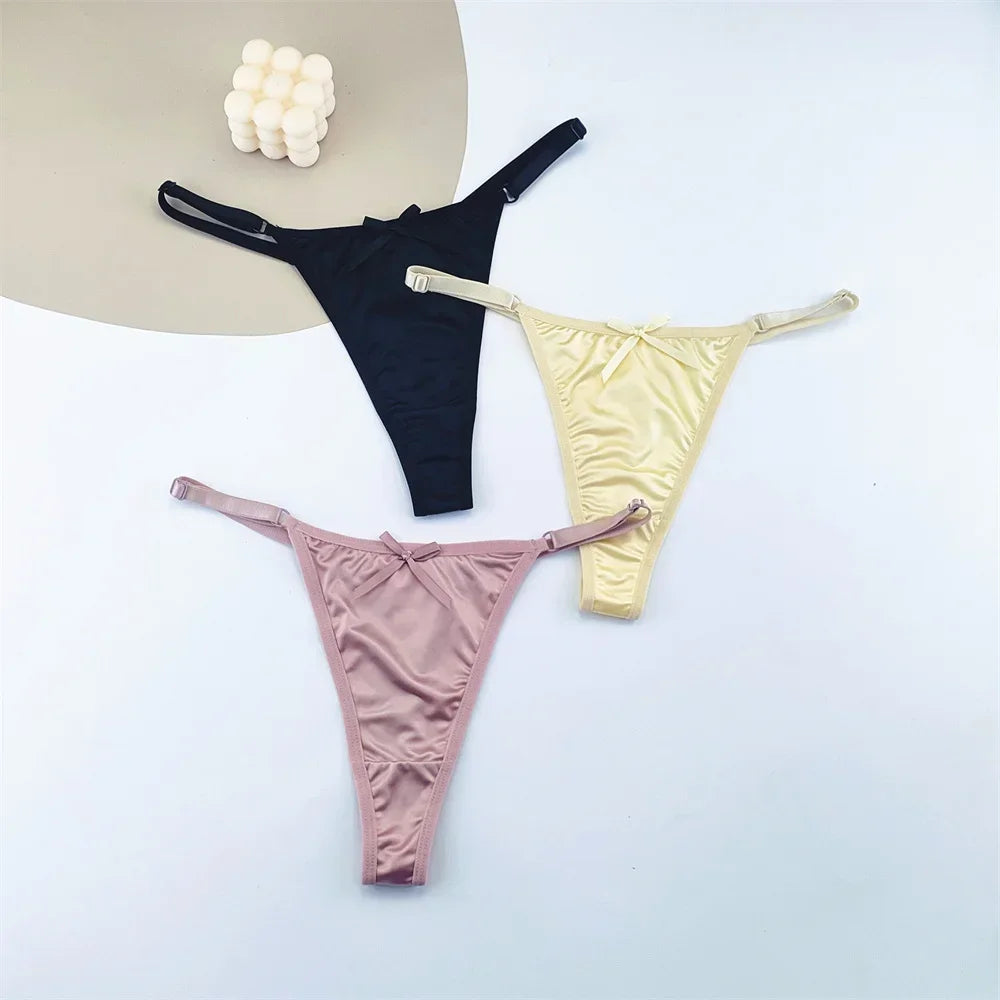3PCS Adjustable Satin Thong Women Sexy G-string Underwear Low Waist T Back Peach Buttocks Tempting Sexy Bow Lingerie