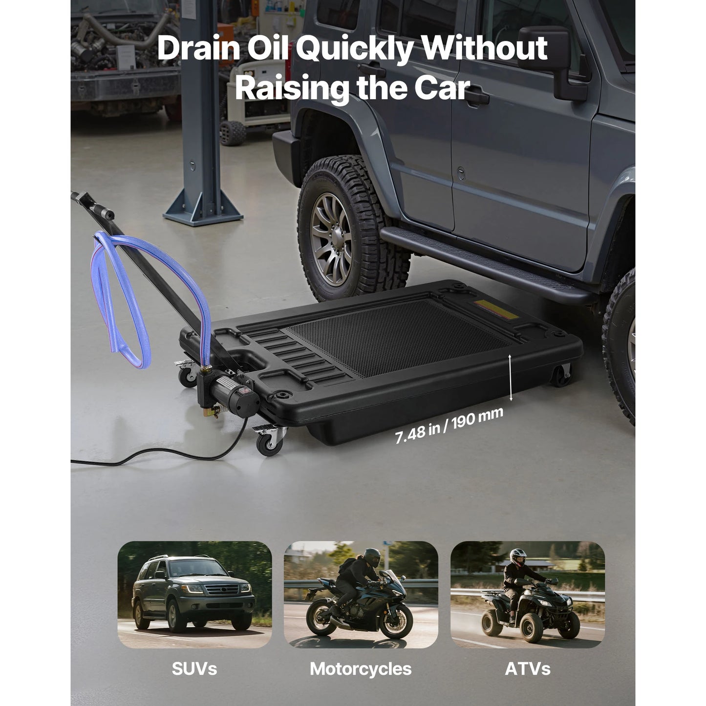 SucceBuy 17Gal Low Profile Oil Drain Pan Car Rolling Oil Drain Pan with Electric Pump & 7.2ft Hose for SUVs Trucks Motorcycles