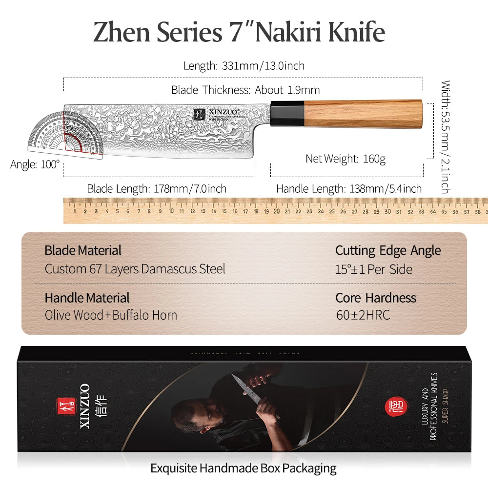 XINZUO 7'' Nakiri Knife Damascus Knife Genuine Vegetable Chopper High Quality Olive Handle Kitchen Novel Kitchen Accessories