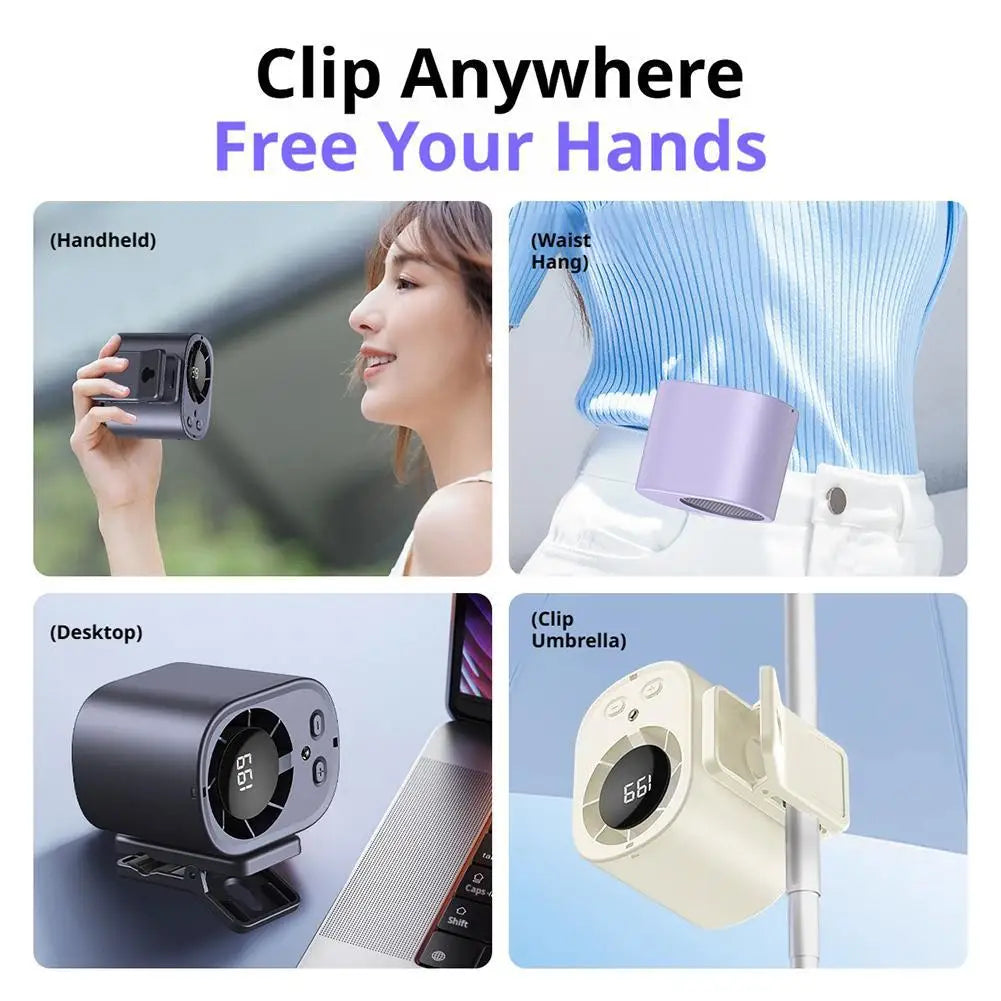 Portable USB Neck Fan Clip On Waist Hanging Mini Air Cooler Outdoor Digital Display Strong Cool Wind Multi Function Battery Fan