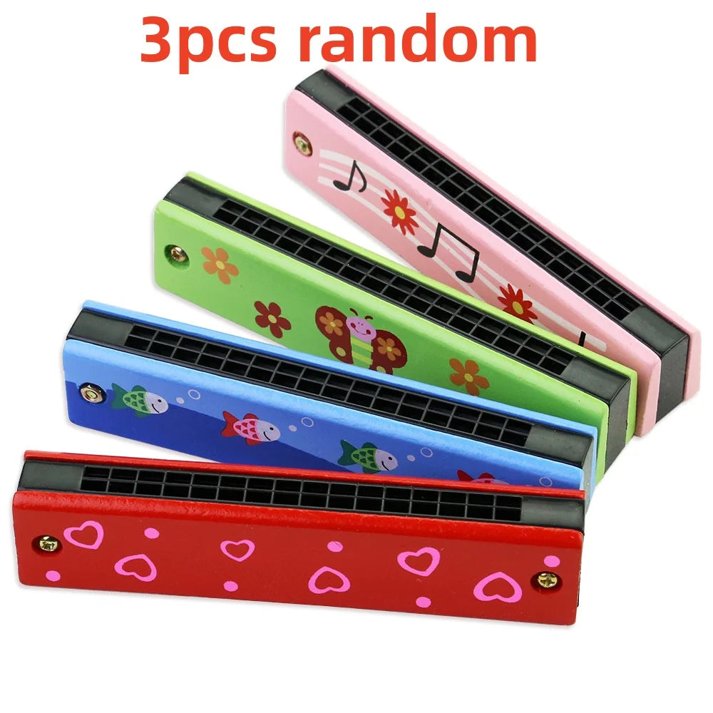 Children's wooden painted harmonica Montessori puzzle toy cartoon pattern children's musical instrument enlightenment music toy