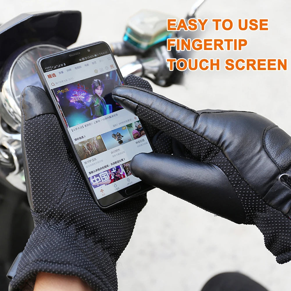 Leather Cycling Thermal Bike Gloves Waterproof Outdoor Winter Gloves Heated Touchscreen Hand Warmer for Hiking Skiing Fishing