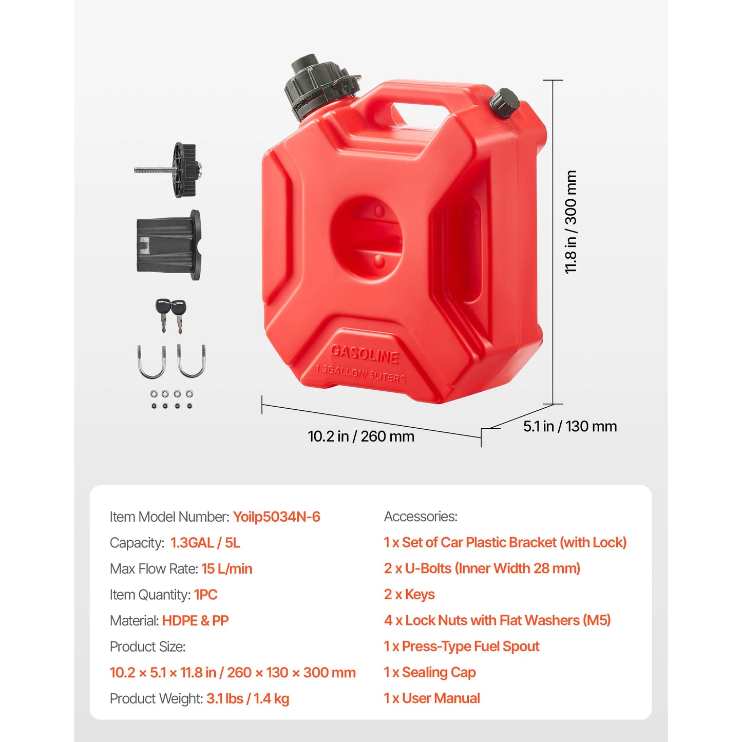SucceBuy Fuel Container 1.3 Gal Secure Leak-proof Portable 15 L/min Max Flow Rate with Spout and Lockable Bracket for Most Cars