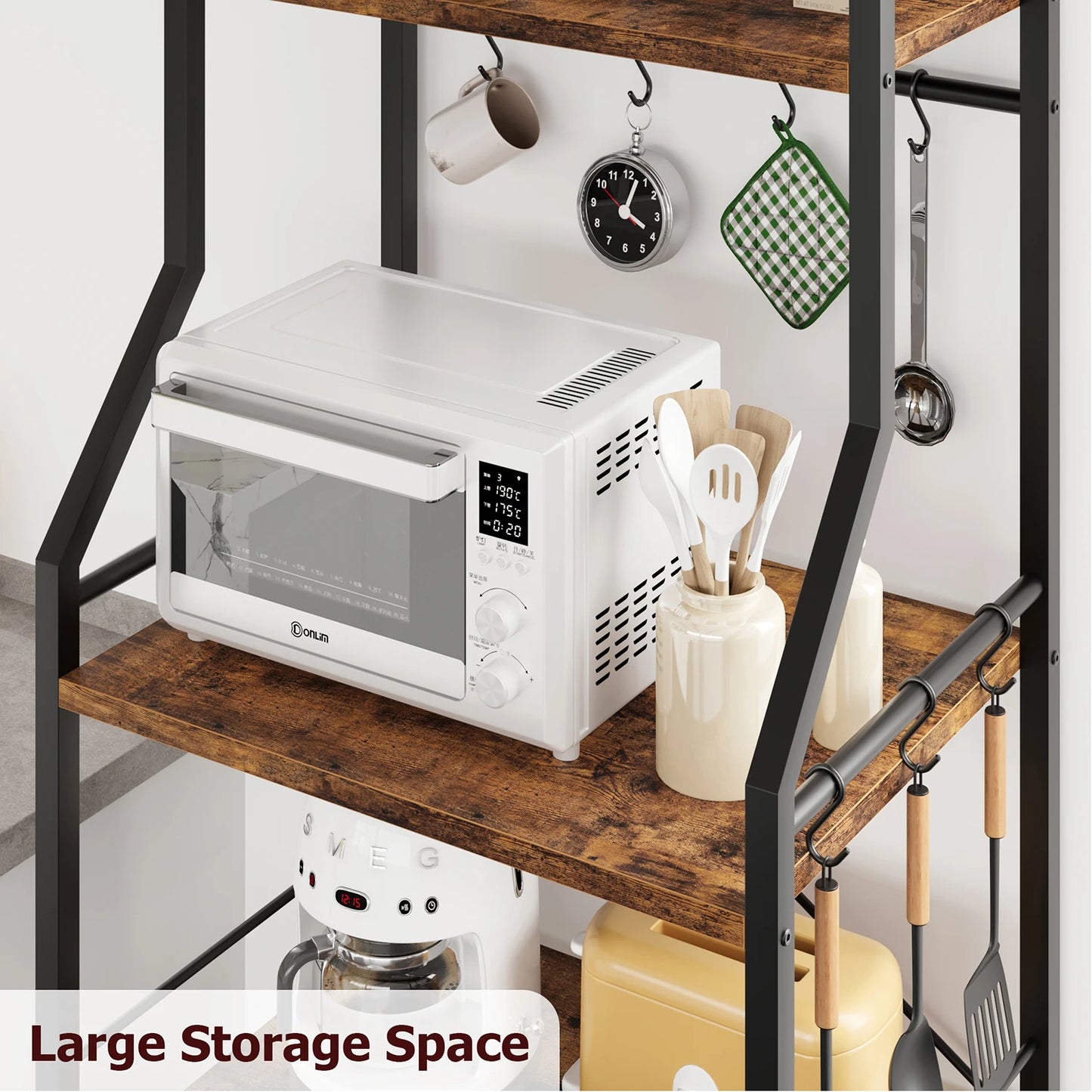 Kitchen Bakers Rack, Microwave Oven Stand with Large Wire Basket, 4-Tier Kitchen Utility Storage Shelf Coffee Bar Station