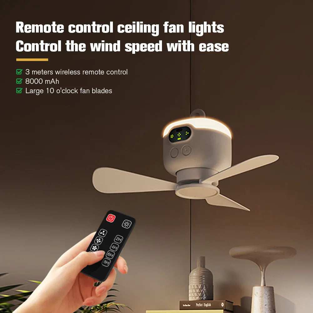 Portable Wireless Ceiling Fan Light Rechargeable Tent Fan with Remote Control Outdoor Fan for Outdoor Camping