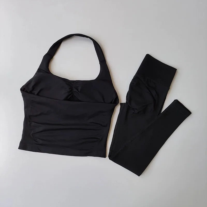 2 Piece Sports Gym Set Strappy Bra Yoga Underwear Short Sport Leggings Bicycle Running Sportswear Woman Seamless Yoga Set