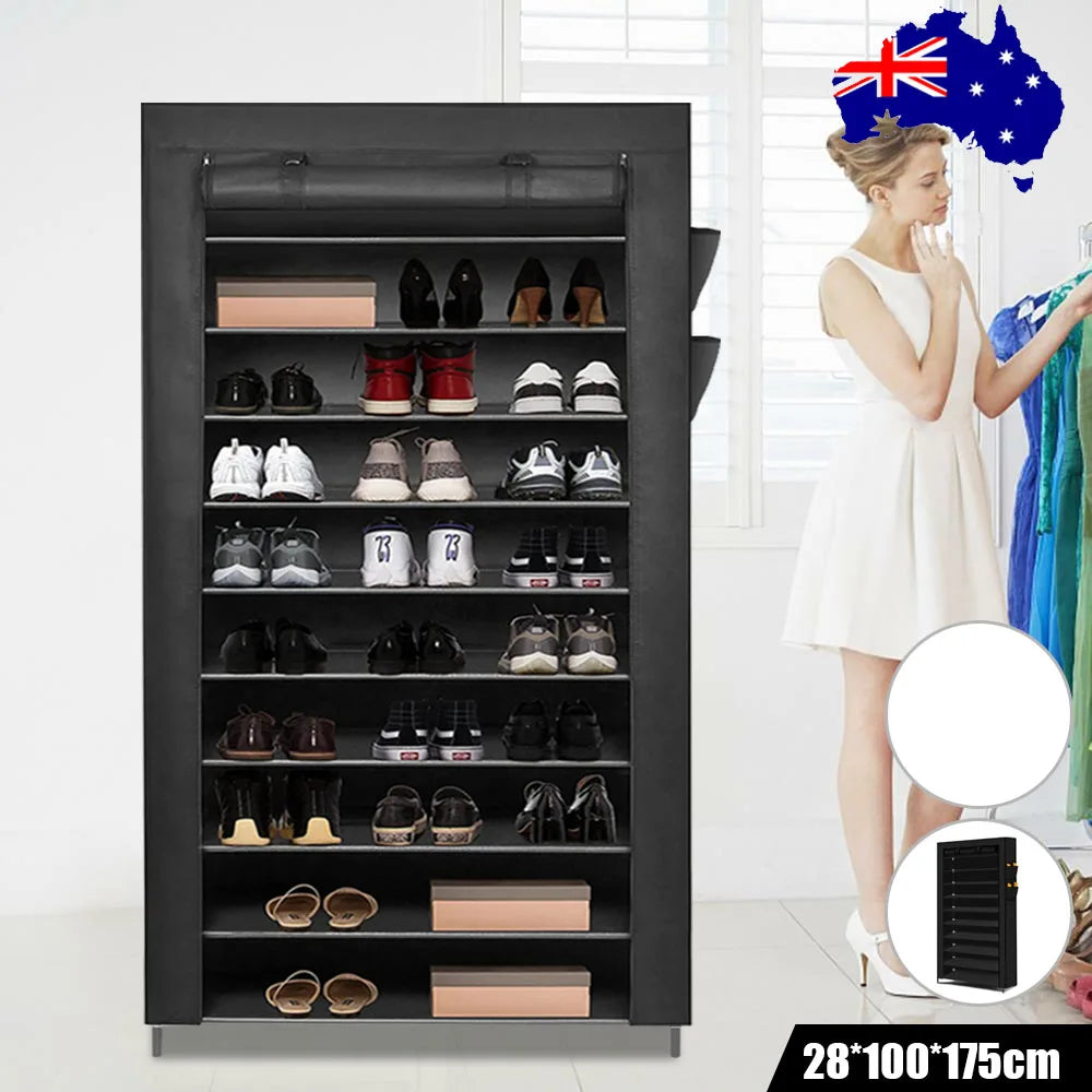 Shoe Rack 10 Tier Shelves Shoes Cabinet Storage 50 Pairs Steel Stand With Cover