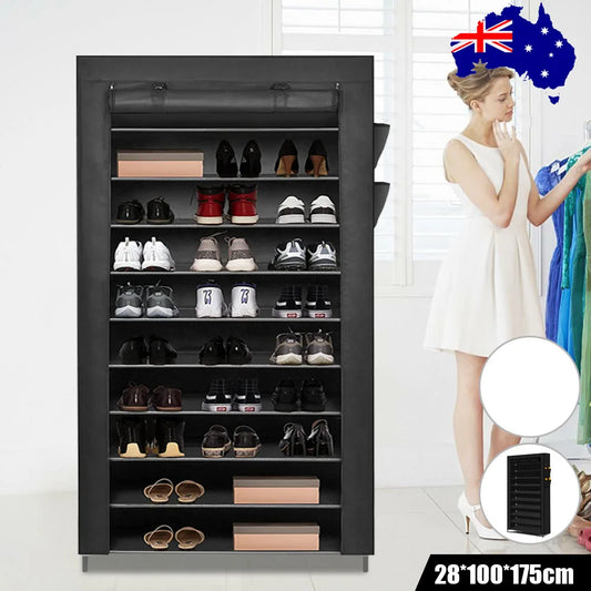 Shoe Rack 10 Tier Shelves Shoes Cabinet Storage 50 Pairs Steel Stand With Cover
