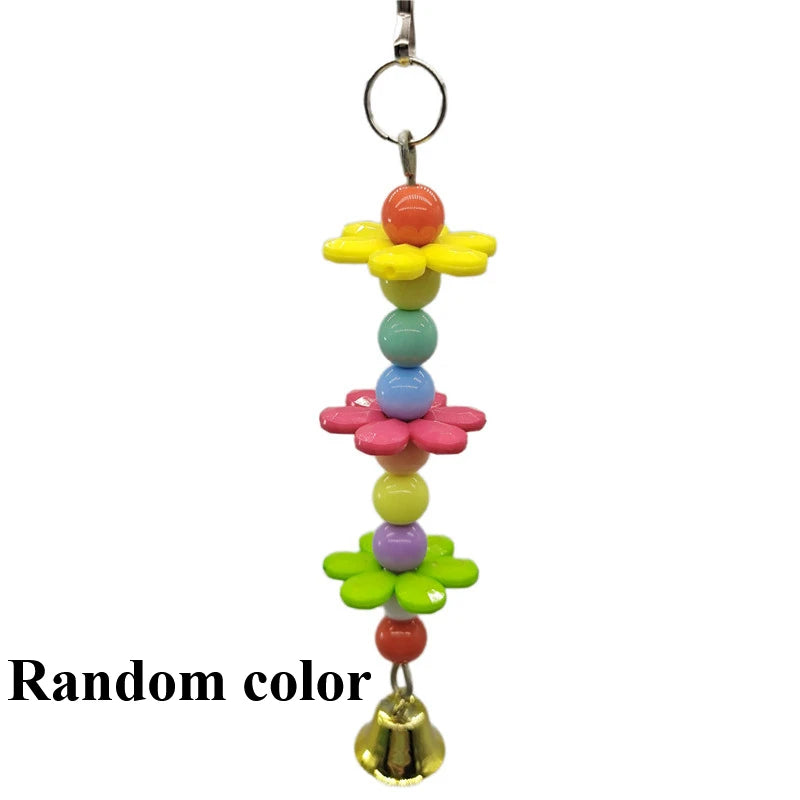 Bird Toys Parrot Chew Toy Bell Pendant Colorful Round Bead Flower String Toy For Parrot Birdcage Accessories Random Color