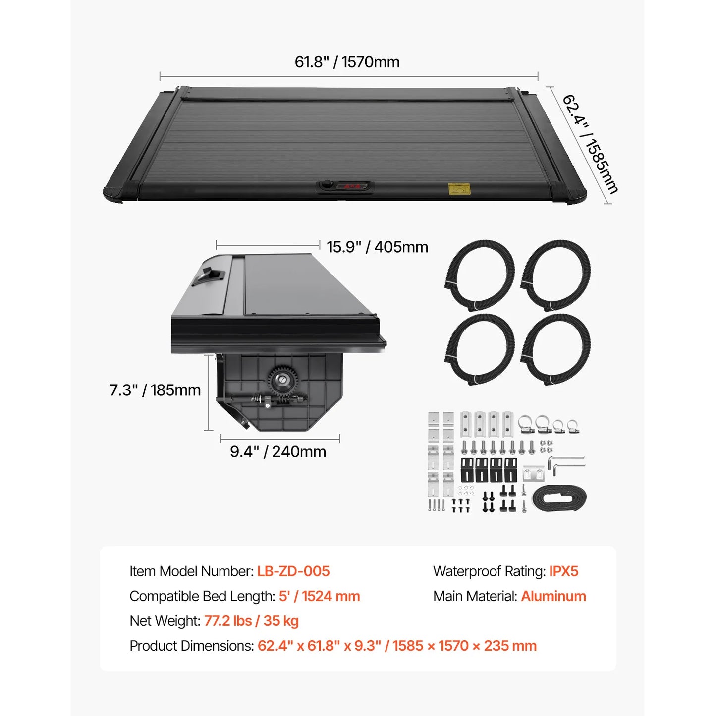 SucceBuy Retractable Tonneau Cover 5.5ft Aluminum with Drainage Pipe for 2021-2024Ford F-150 Crew Cab Double-Lock T-Slot Design