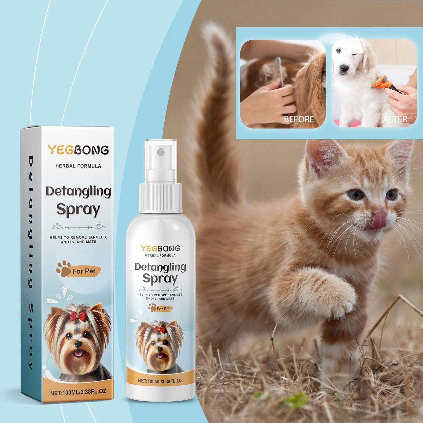 Yegbong Dog Detangler Spray Pet Hair Untangling Smooth Care Spray Fresh Fragrance No Rinse All Sizes Pet Grooming Tool 100ml