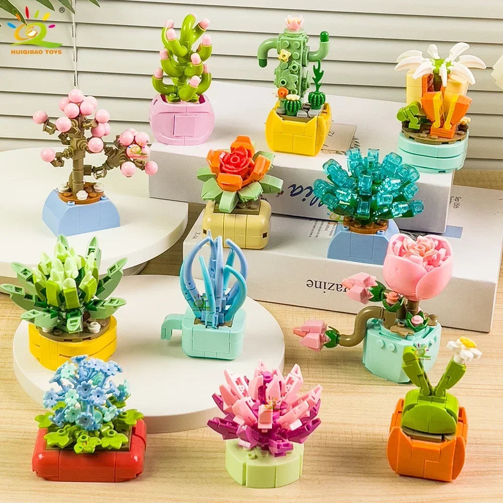 HUIQIBAO MOC Flower Succulent Potted Model Building Block DIY Eternal Bouquet Home Desk Plant Decor Brick Girl Gift Children Toy