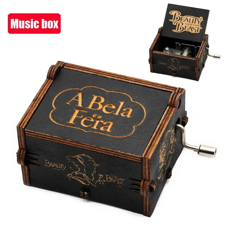 Hot *Antique carved Wooden Hand Crank Beauty and the Beast Music Box Christmas Birthday Gift