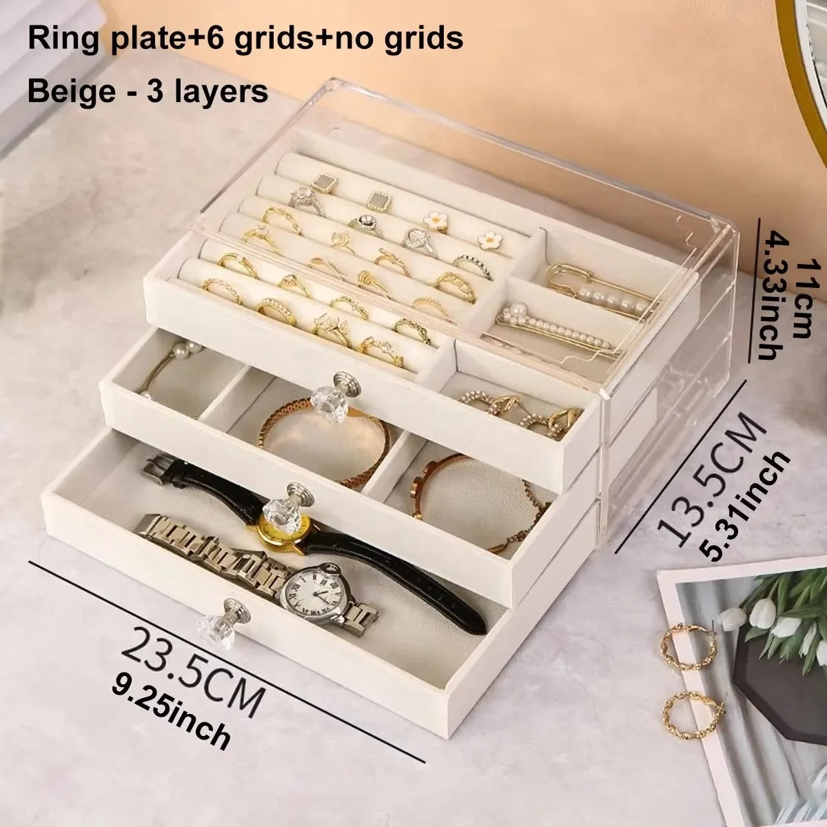 3 Layers Stackable Drawer Jewelry Box Beige Gray Earring Ring Necklace Bracelet Storage Organizer
