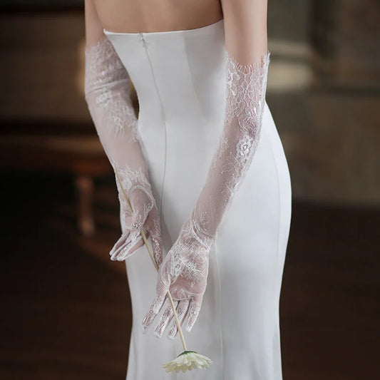 55cm Women Sexy Thin Lace Flower White Black Long Gloves Transparent Mesh Eyelash Tulle Bridal Wedding Party Dress Accessories