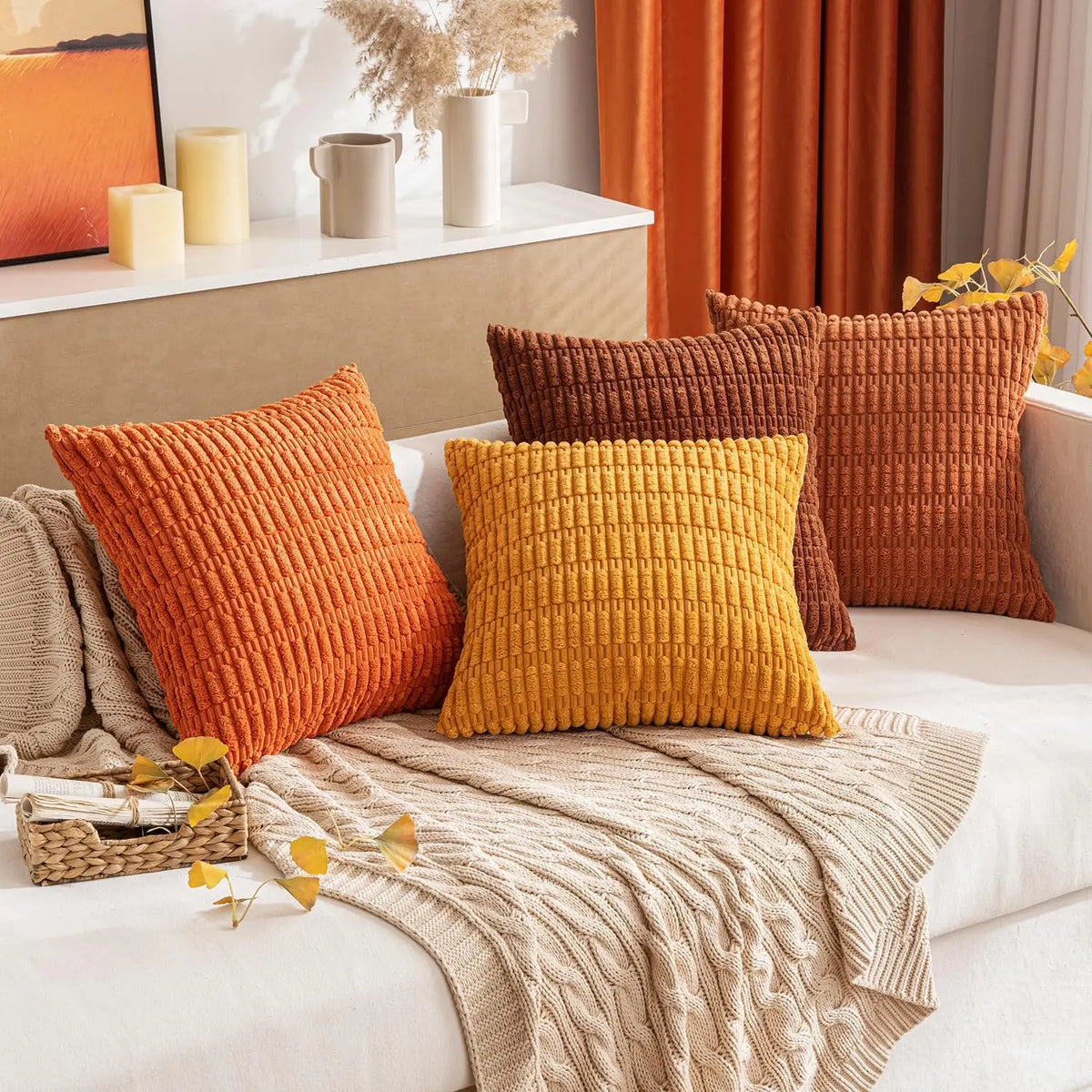 Corduroy Decorative Throw Pillow Covers 18x18 Inch Soft Boho Striped Fall Pillow Covers Modern Farmhouse Home Decor for Sofa Bed