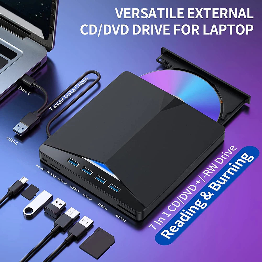 7-in-1 USB 3.0 TypeC External CD DVD RW Optical Drive Plug-and-Play Slim for Windows 11/10/8/7/Linux/ OS