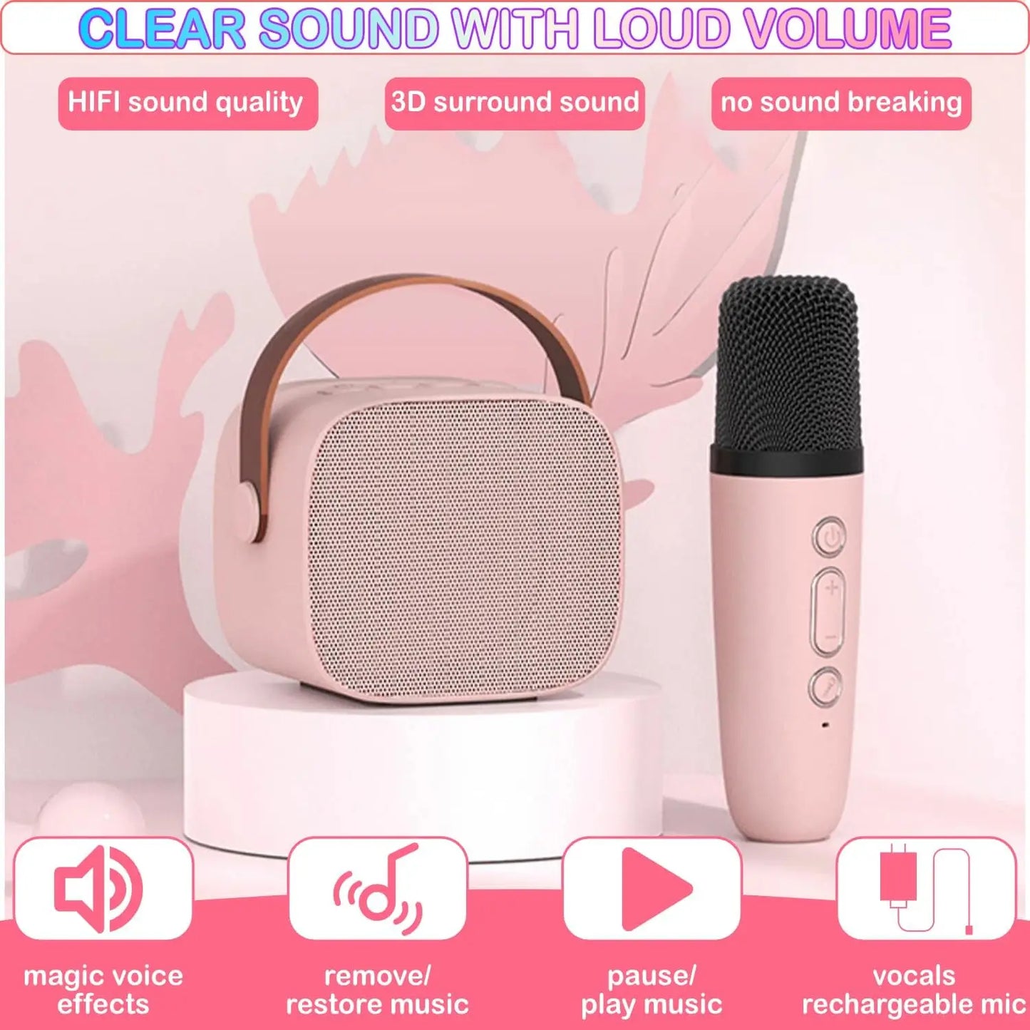 Mini Karaoke Machine for Kids Age 4-12, Bluetooth Speaker with 2 Wireless Microphone & LED Lights, Christmas Birthday Gifts