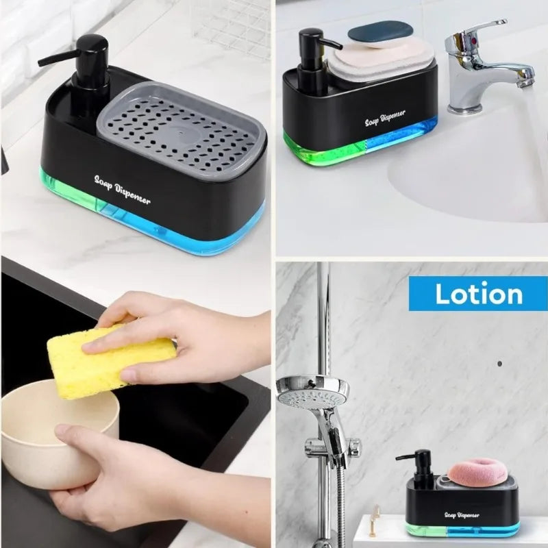 Dual Pump Soap Dispenser Set 3-in-1 Kitchen Organizer with Sponge Storage Box for Sink and Countertop Compact Cleaning Solution