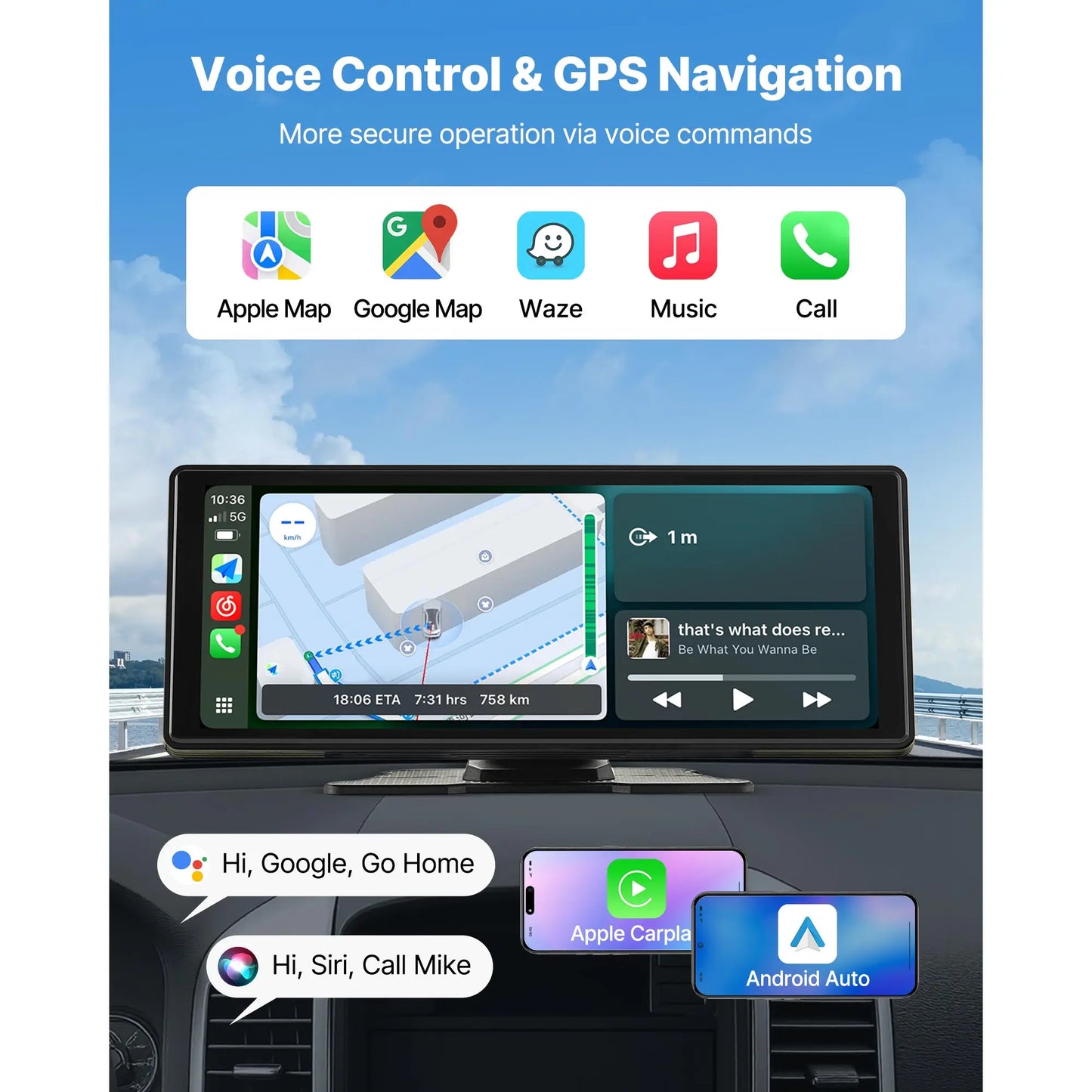 SucceBuy Wireless Car Stereo 7/9/10-Inch HD Portable Radio Touch Screen CarPlay Screen for Car with Voice Control GPS Navigation