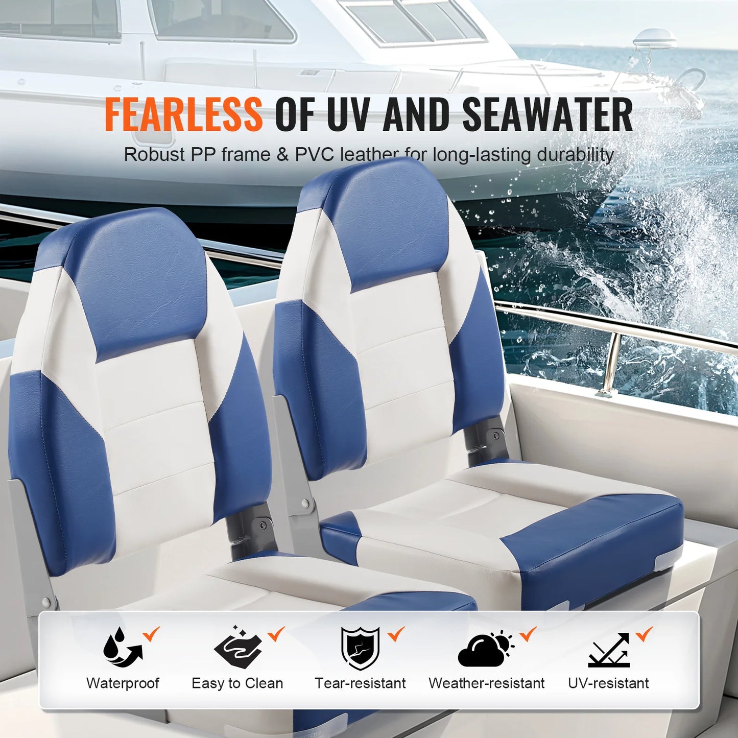 SucceBuy  Boat Seats 21.85" High Back Boat Seat Folding Boat Chair Fold-Down Boat Captain Chairs for Fishing Boat, Canoe, 2-Pack