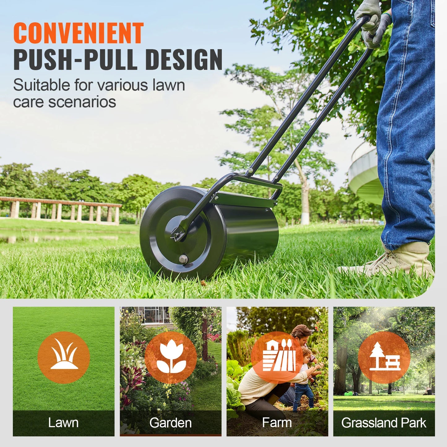 SucceBuy Lawn Roller 13 Gallon Sand/Water Filled Yard Roller Steel Sod Roller with Easy-turn Plug and U-Shaped Ergonomic Handle