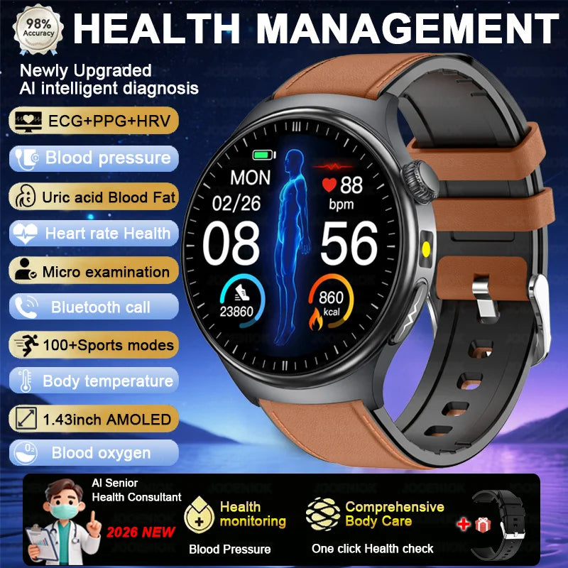 2026 Fashion New Expert level Health Smart Watch Men ECG+PPG Laser Monitor Uric Acid Blood Fat Blood Pressure HD Call Smartwatch