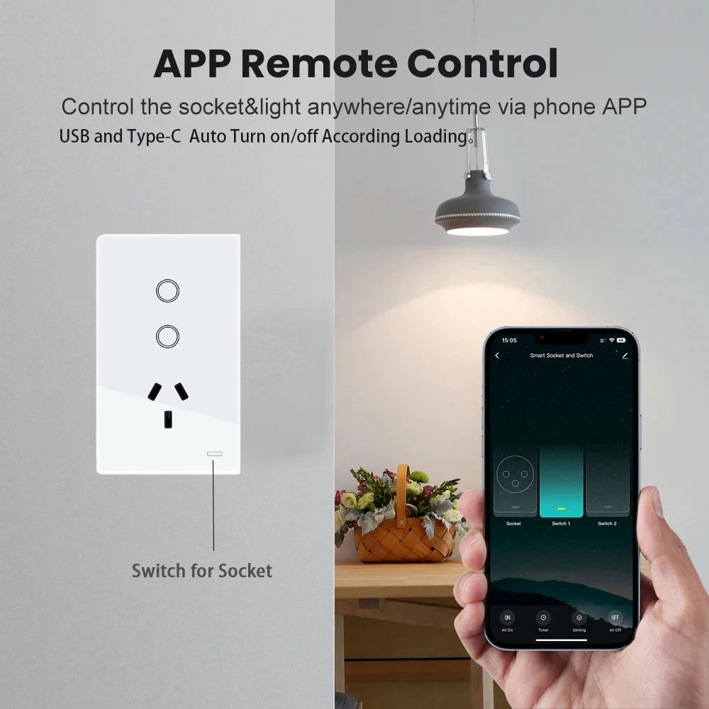 Melery AU Smart Tuya WiFi Light Switch Argentina Plug Australia Outlet Touch Glass Wall Socket Remote by Alexa & Google Home