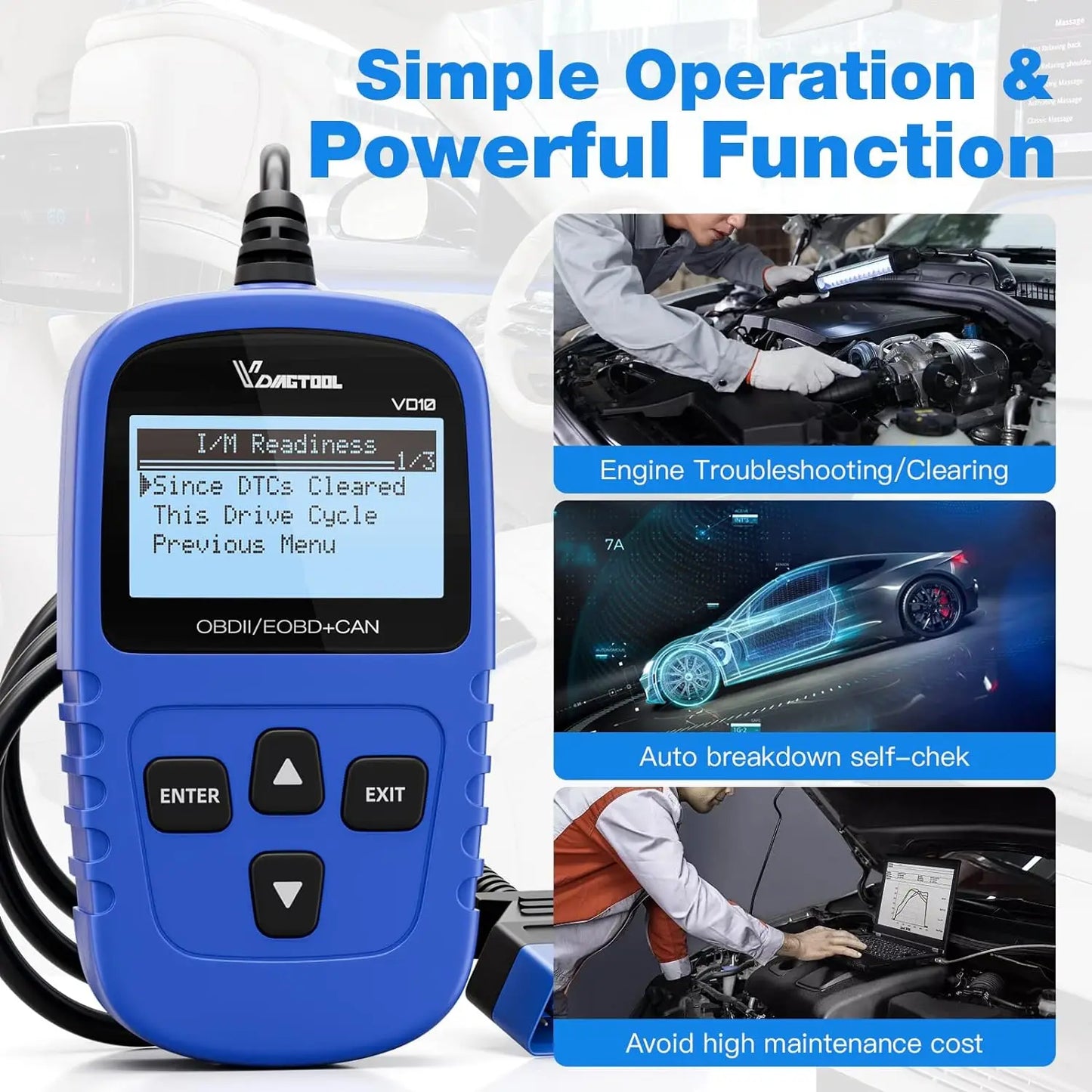 VDIAGTOOL VD10 OBD2 Scanner Car Diagnostic Tool OBD2 Code Reader Engine DTC Lookup Clear Error Full OBD2 Automotive scanner