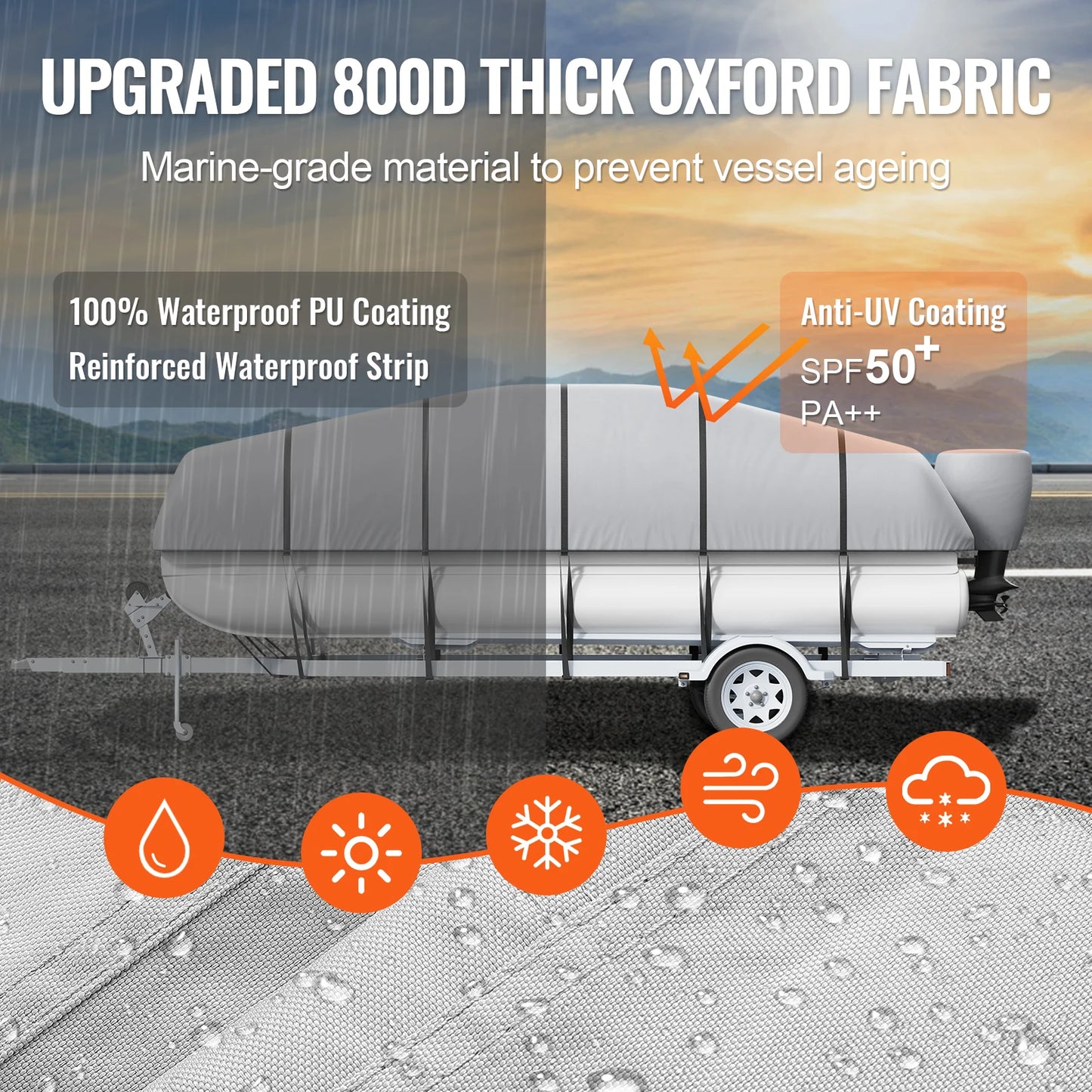 VEVOR Pontoon Boat Cover 19'-20' Waterproof Trailerable Pontoon Cover 800D Marine Grade PU Oxford Fabric with Motor Cover Grey