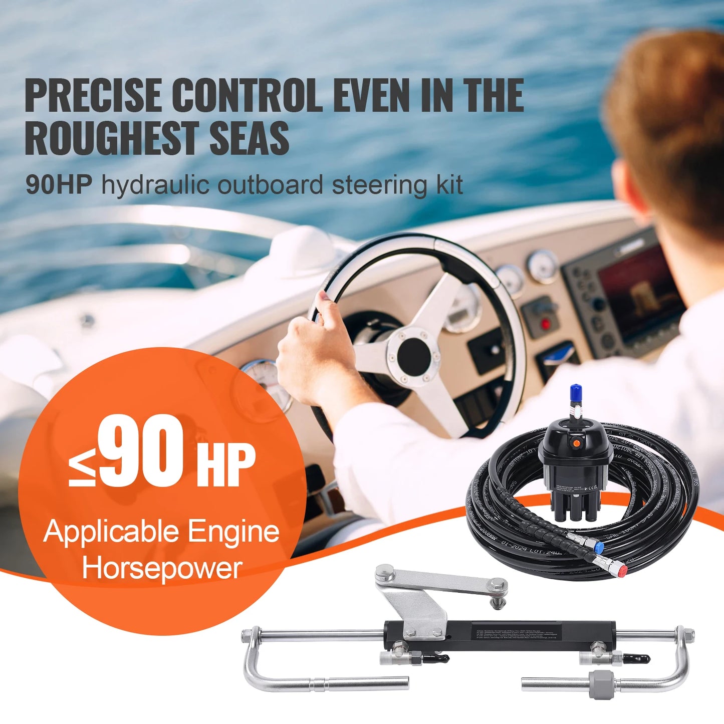 SucceBuy Hydraulic Outboard Steering Kit 90HP/150HP/300HP with Helm Pump and 24FT/26Ft Hose Single Station Single-Engine Boats