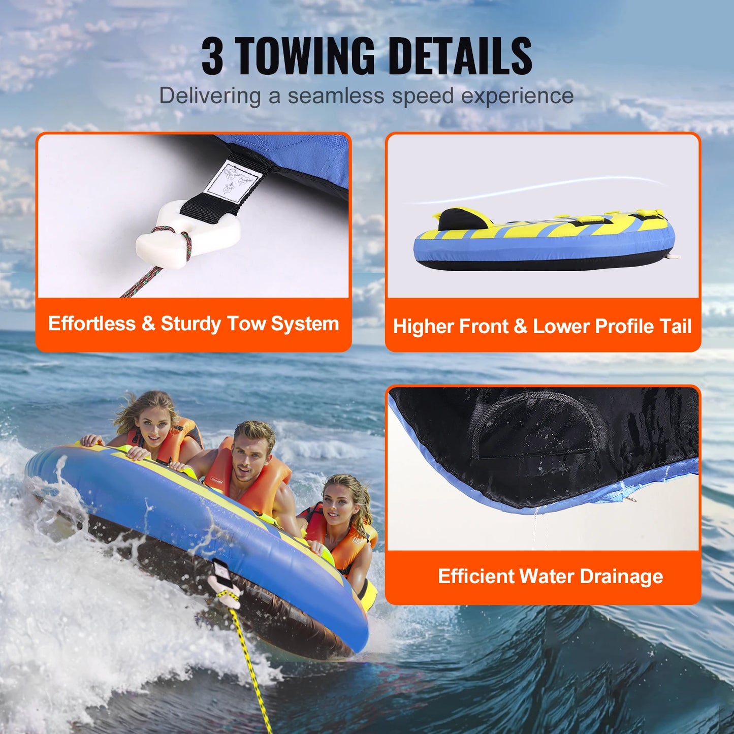 SucceBuy Towable Tube for Boating, 1-3 People Inflatable Towable Tube with Bumper Fins, 510 lbs Water Sport Towable Tubess