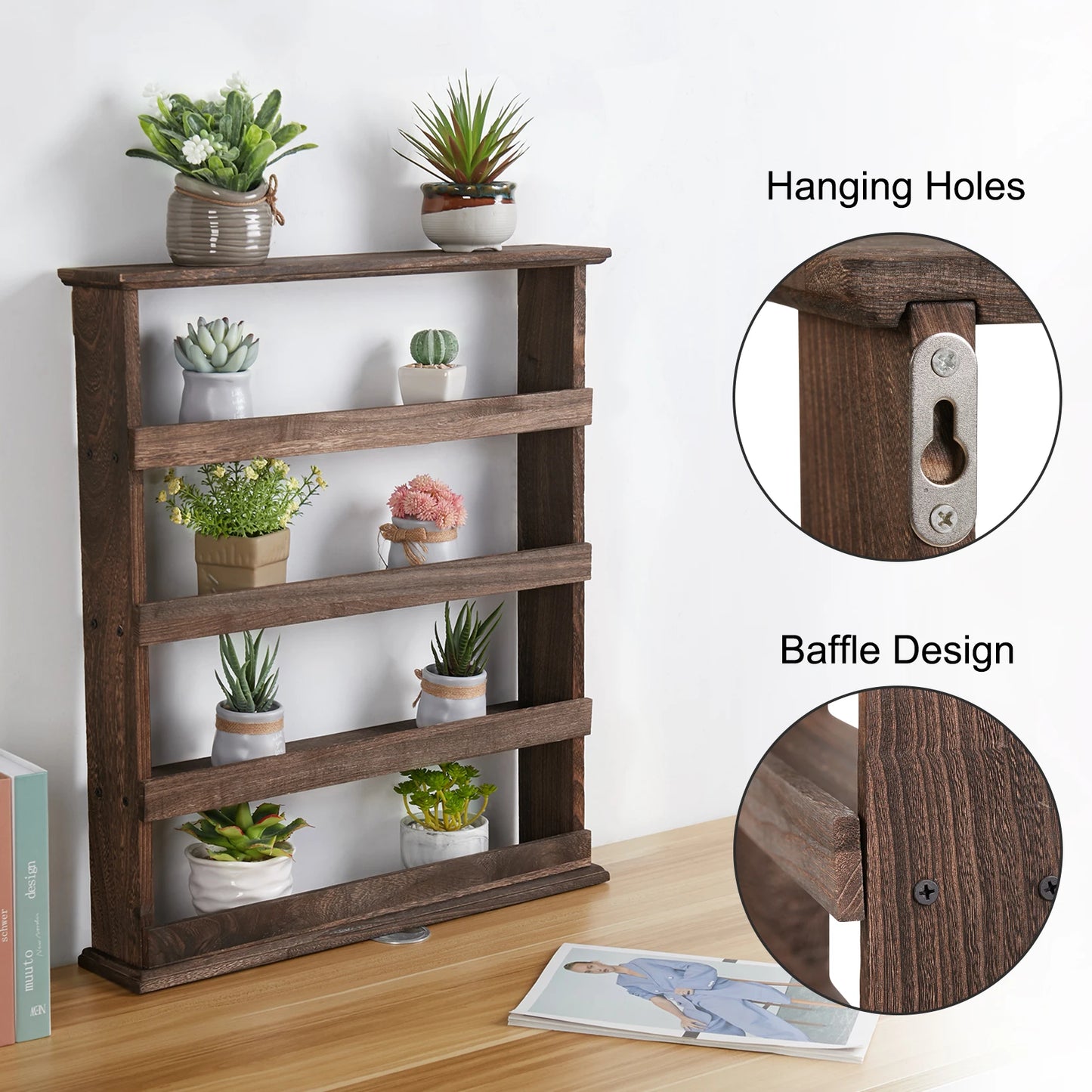 Floating Kitchen Shelf Wall Mounted Wooden Wall Shelf 4 Tier Spice Rack Flamed Organizer