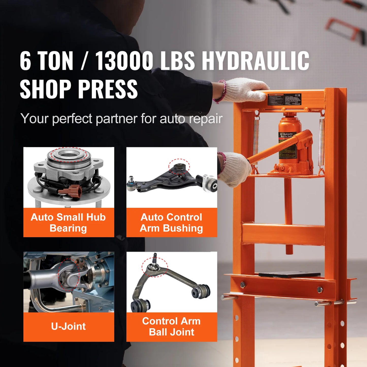 SucceBuy 6/12 Ton Hydraulic H Frame Garage Floor Adjustable Shop Press with Plates 6/12T Orange for Garage or Professional Shop
