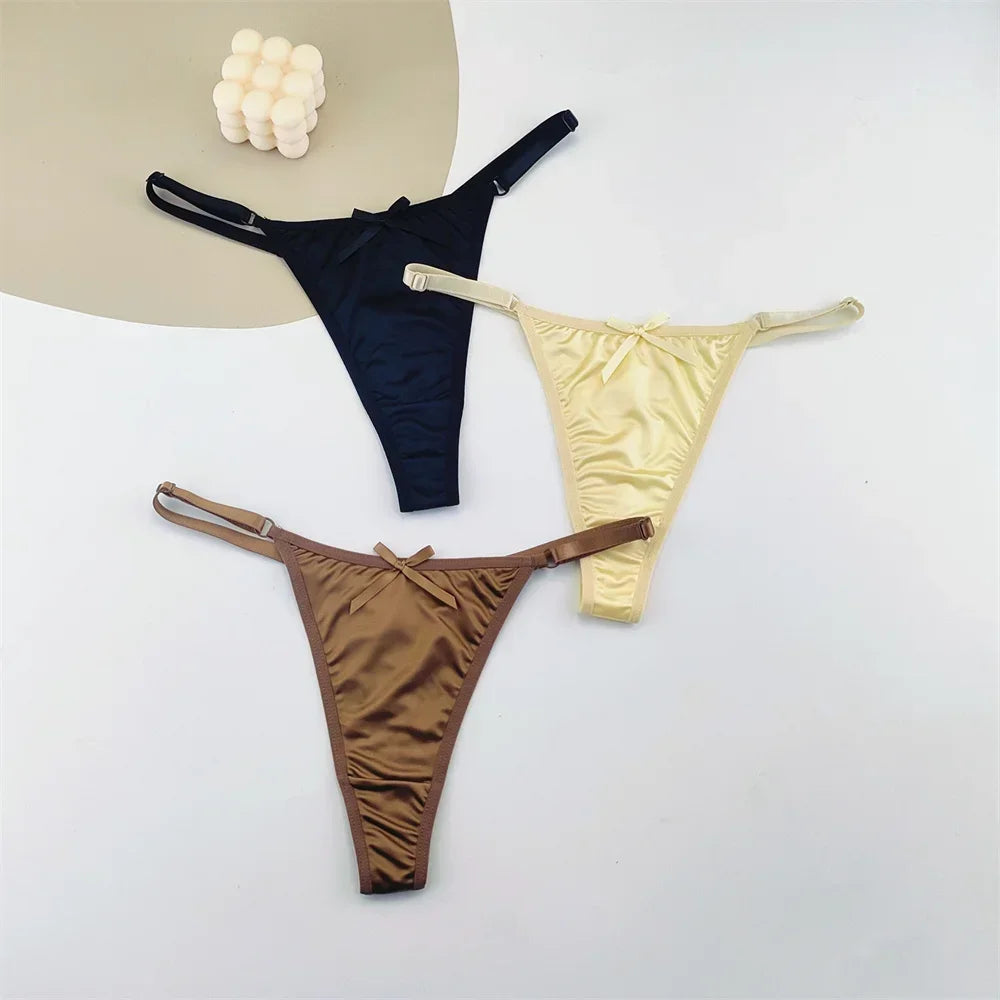 3PCS Adjustable Satin Thong Women Sexy G-string Underwear Low Waist T Back Peach Buttocks Tempting Sexy Bow Lingerie