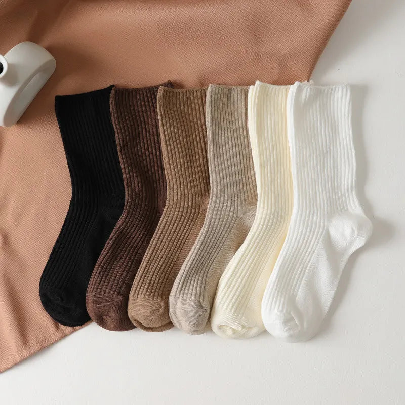 5 Pairs Of New Japanese Socks Set Solid Color Women's Casual Socks Autumn Simple Women's Medium Length Socks