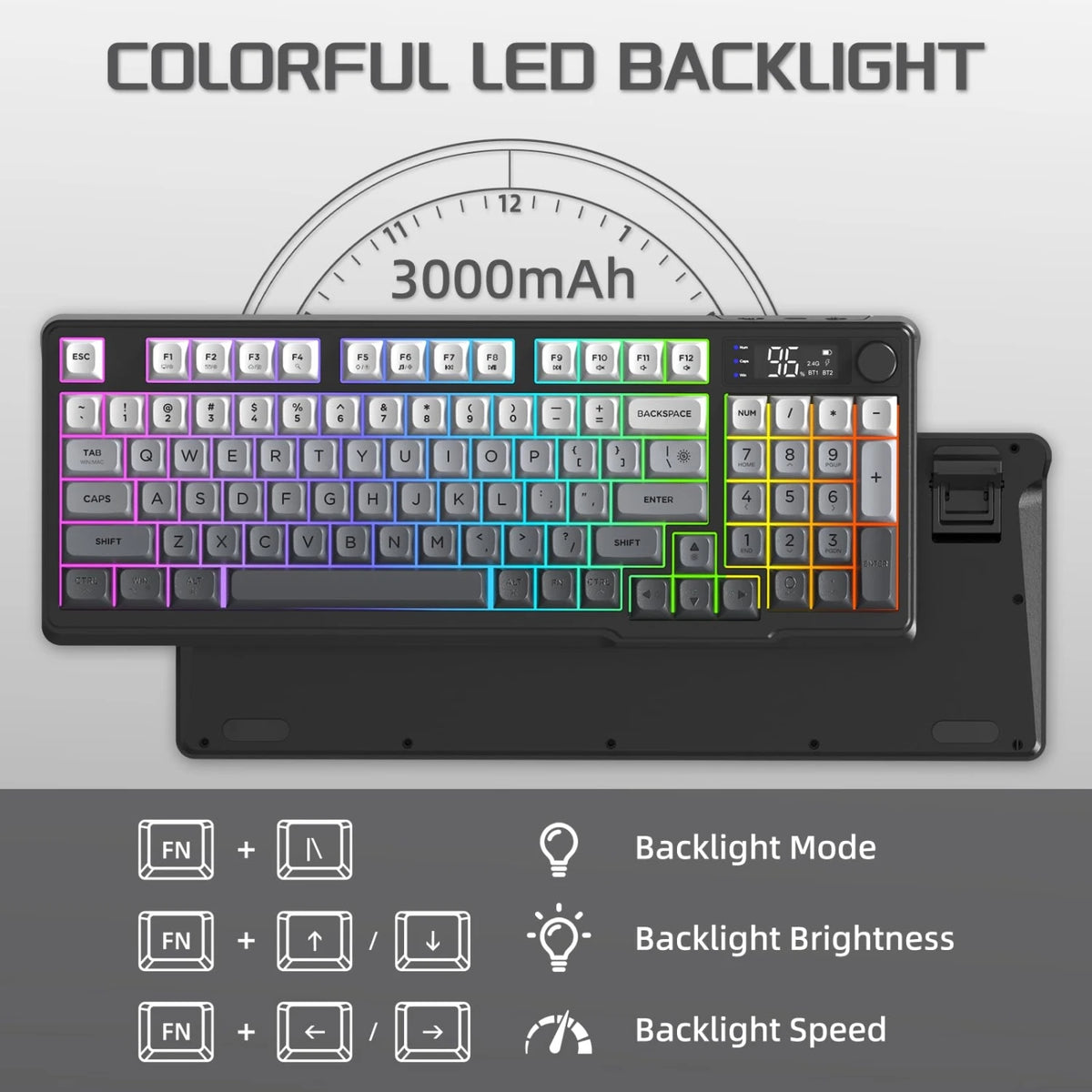 Freewolf M96 Wireless Gaming Keyboard, Knob Control BT/2.4g, RGB LED Backlight Display, Pbt Keycap, 3000mah Battery, Us Layout